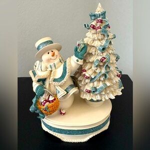 Vintage Sankyo Music Box with Snowman Decorating a Christmas Tree-Used